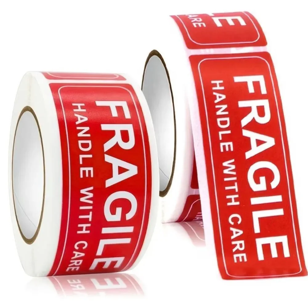 New 750 Pcs. FRAGILE HANDLE WITH CARE Red Stickers 5 Rolls with 150 each 3”x1”